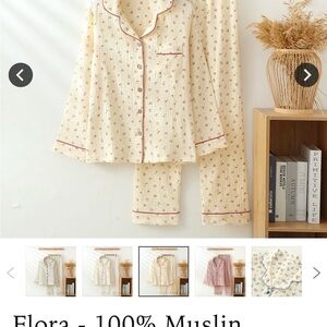 Red Flower Cream, 100% Muslin Cotton Pajama Set